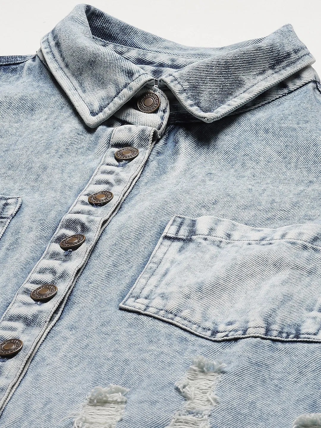 Blue High Low Distressed Denim Shirt