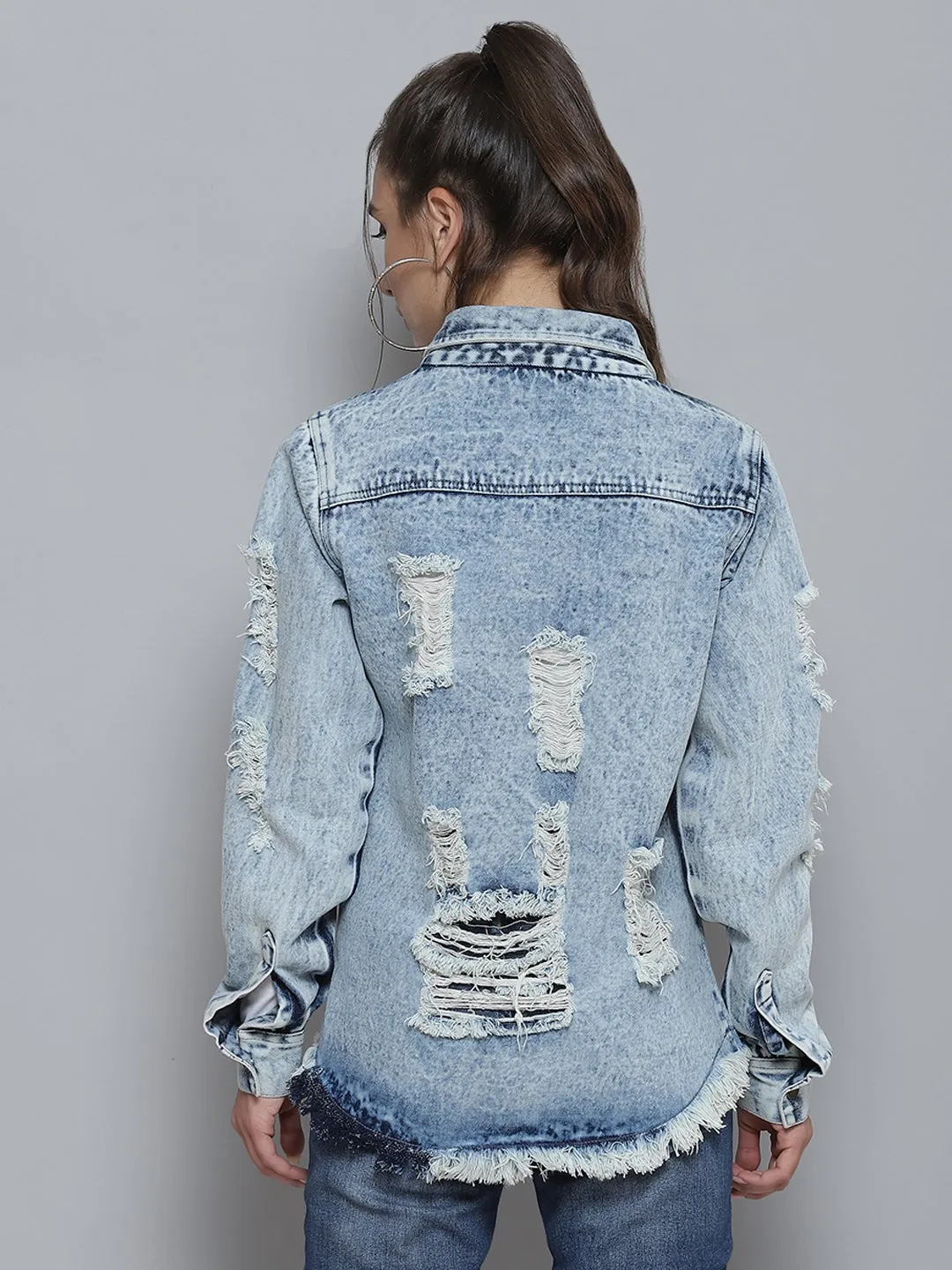 Blue High Low Distressed Denim Shirt
