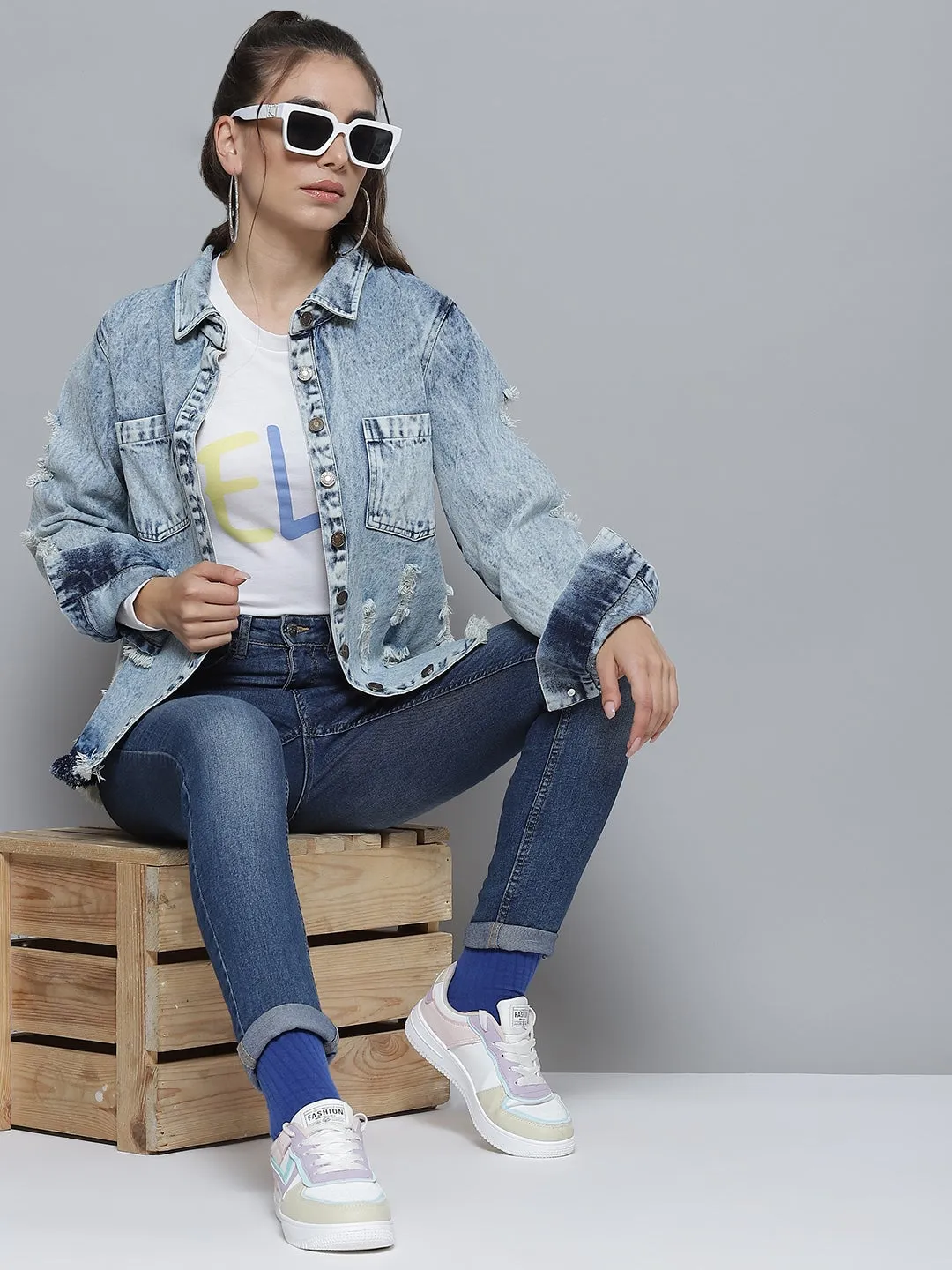 Blue High Low Distressed Denim Shirt