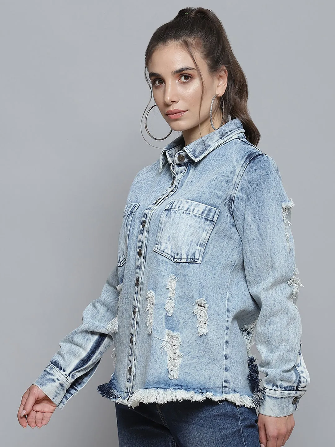 Blue High Low Distressed Denim Shirt