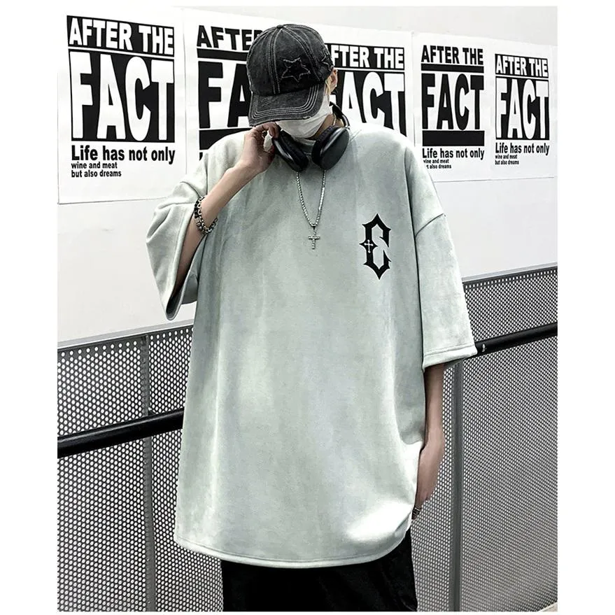 Drop Shoulder Suede Elasticity Print Round Neck Short Sleeve Tee