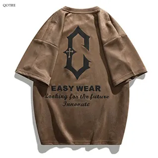 Drop Shoulder Suede Elasticity Print Round Neck Short Sleeve Tee
