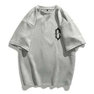 Drop Shoulder Suede Elasticity Print Round Neck Short Sleeve Tee