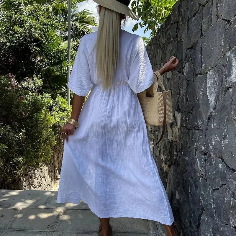 Neck Waist Lady Elegant Cotton Linen Long Casual Split Summer Sexy Dress