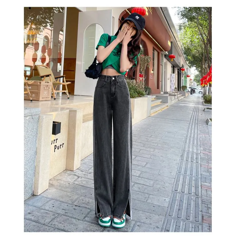 Slimming Versatile Floor-Length Draping Loose-Fit Straight High-Waisted Split Jeans