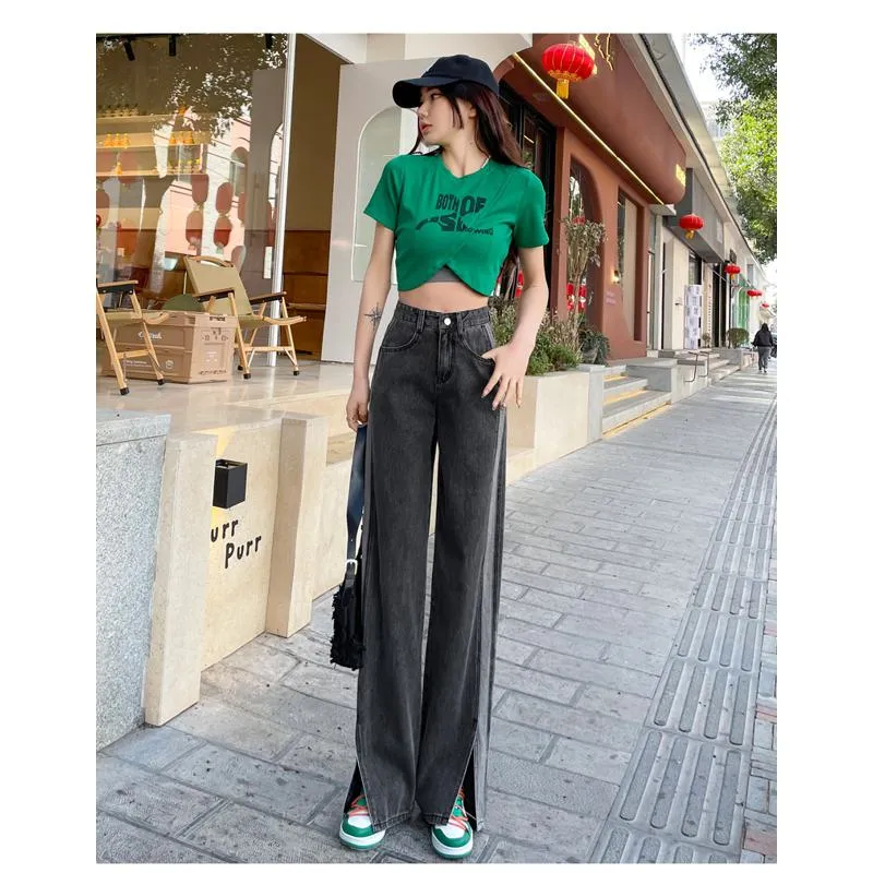 Slimming Versatile Floor-Length Draping Loose-Fit Straight High-Waisted Split Jeans