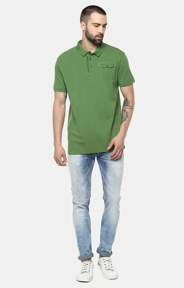Spykar Green Solid Slim Fit Polo T-Shirt