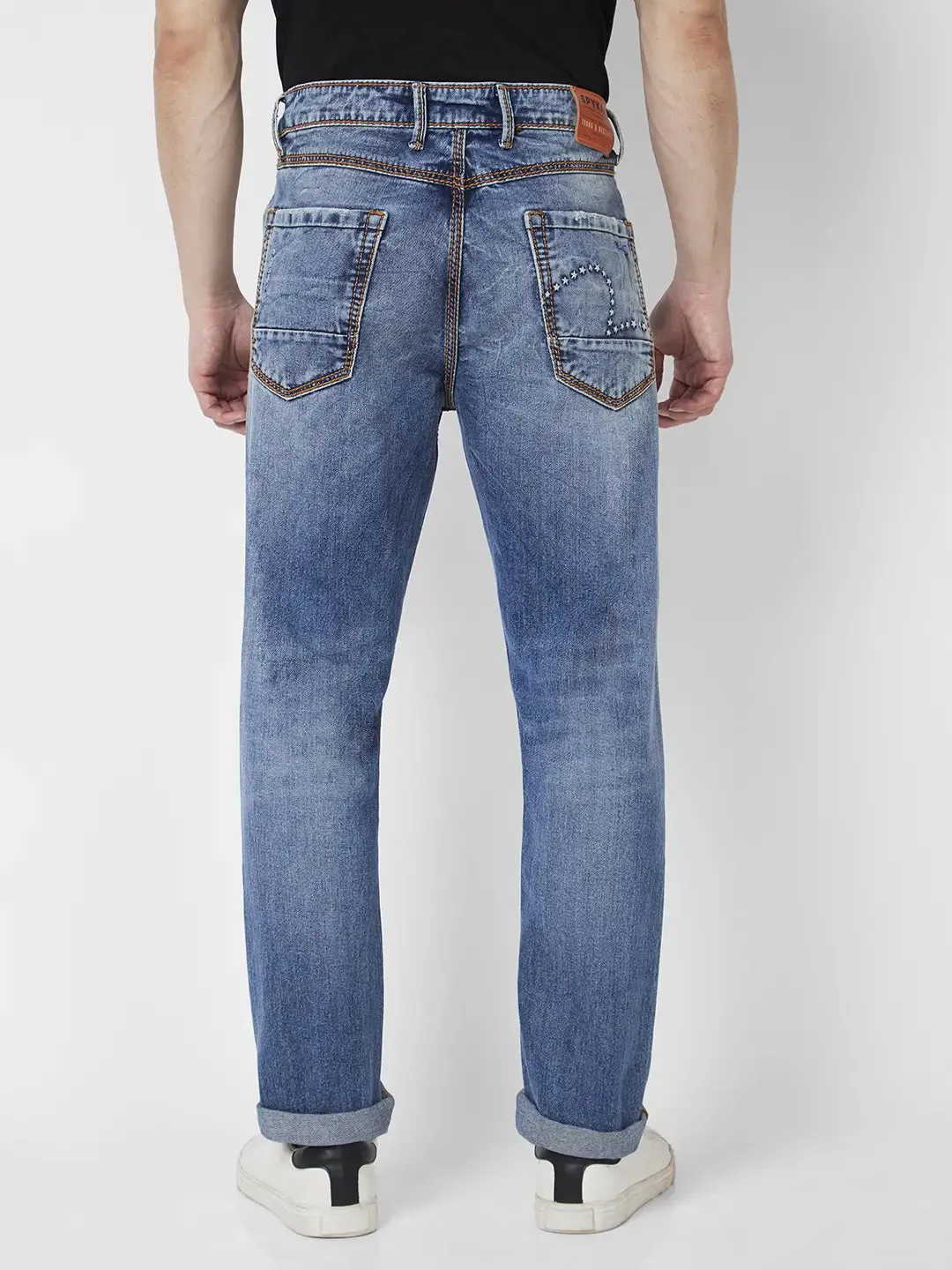 Spykar Men Mid Blue Cotton Regular Fit Narrow Length Mild Distressed Mid Rise Jeans (Rover)