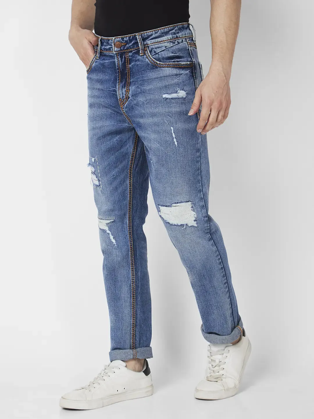 Spykar Men Mid Blue Cotton Regular Fit Narrow Length Mild Distressed Mid Rise Jeans (Rover)