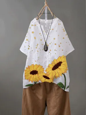 White Floral Short Sleeve Shirts & Tops