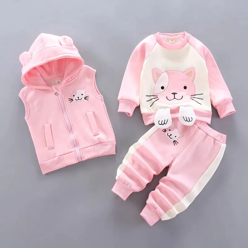 Winter Cold Children Set Boy Girl Thicken Plush Warm 2024New Cartoon Bear Vest Top Pant 3Pcs for Kids Clothes Baby Clothing Set