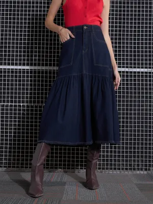Women Navy Blast Denim Flared Midi Skirt