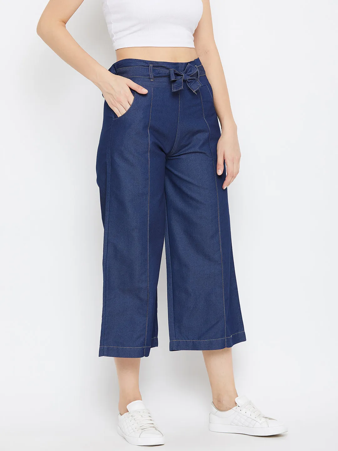 Women Navy Blue Belted Denim Trouser
