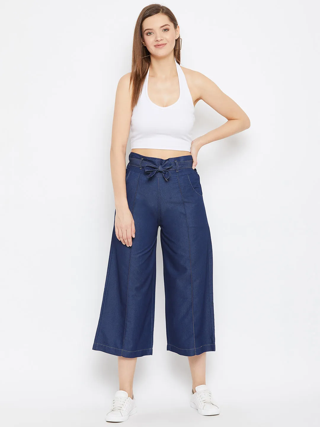 Women Navy Blue Belted Denim Trouser
