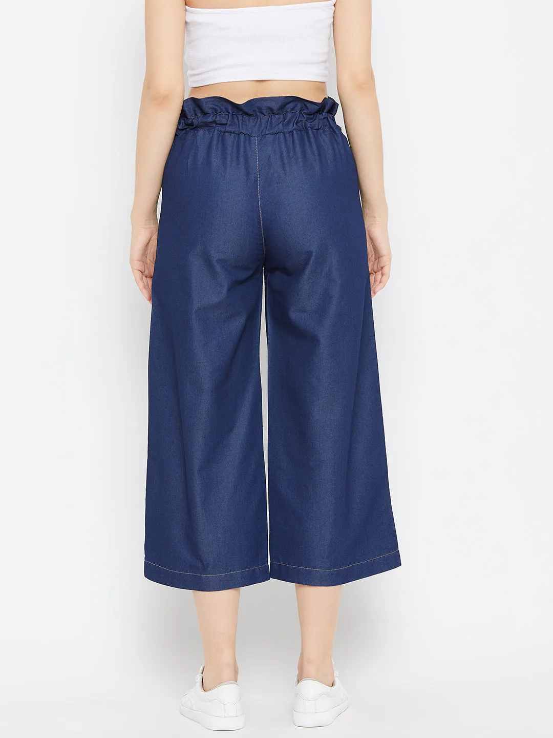 Women Navy Blue Belted Denim Trouser
