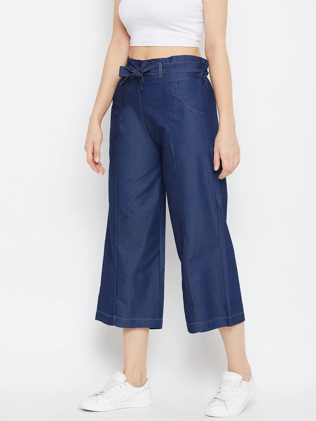 Women Navy Blue Belted Denim Trouser