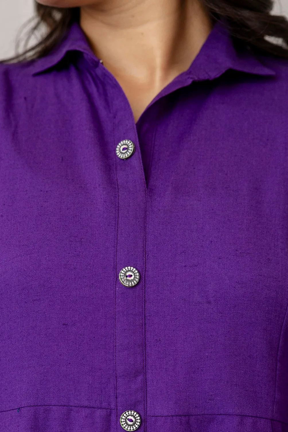 Women Purple Solid Flared Dress With Three Quarter Sleeves