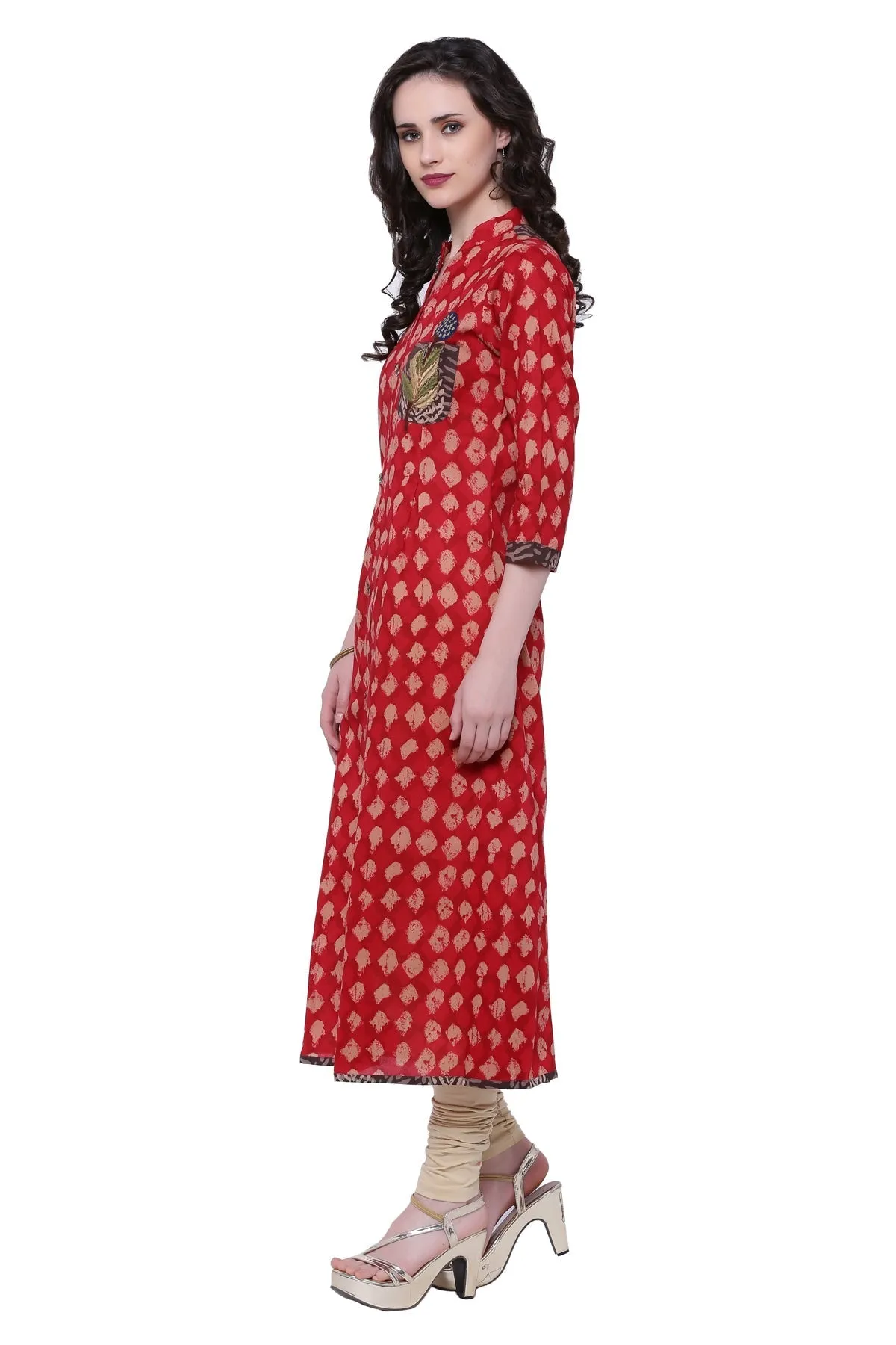 Women'S Red A-Line Cotton Long Kurta